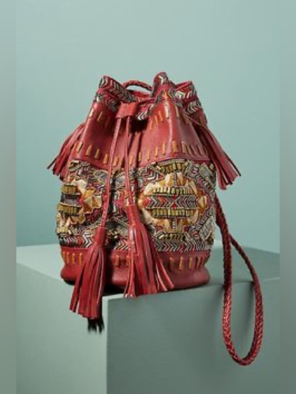 Ibban Anthropologie Inko Embroidered Leather Bucket Bag Red Beaded Boho